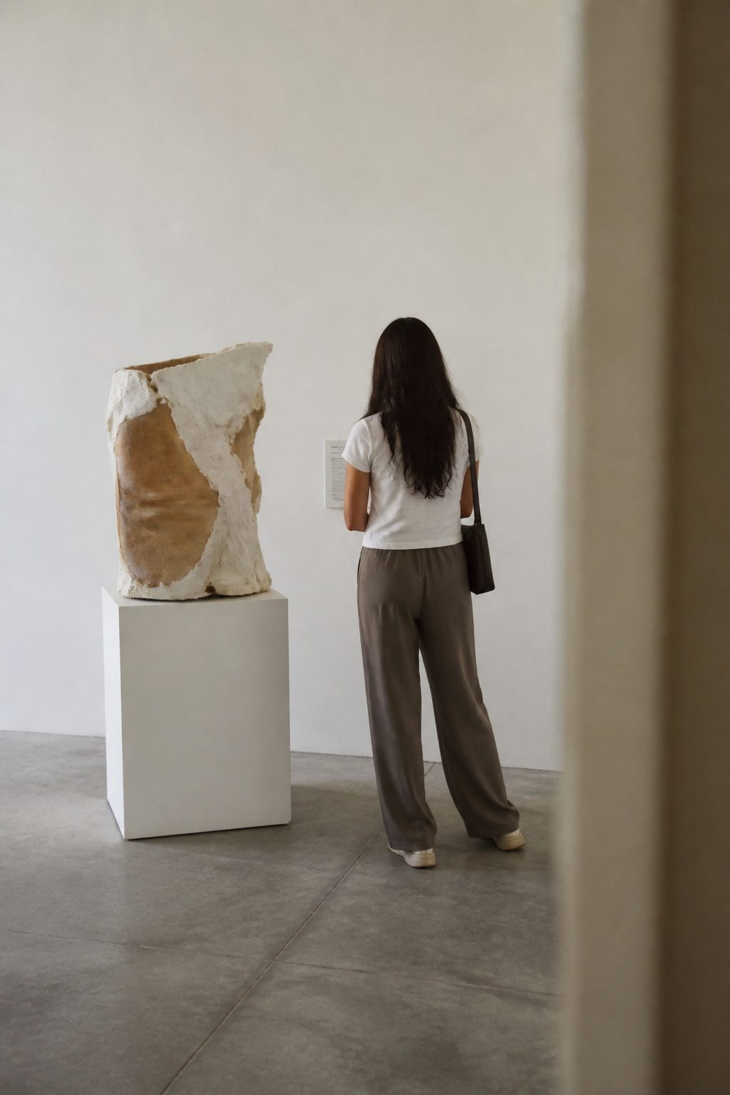 Un pasillo interior de una galería en el Marais, con paredes blancas, un banco de madera y luz natural entrando por un ventanal alto, encuadre frontal desde la entrada.