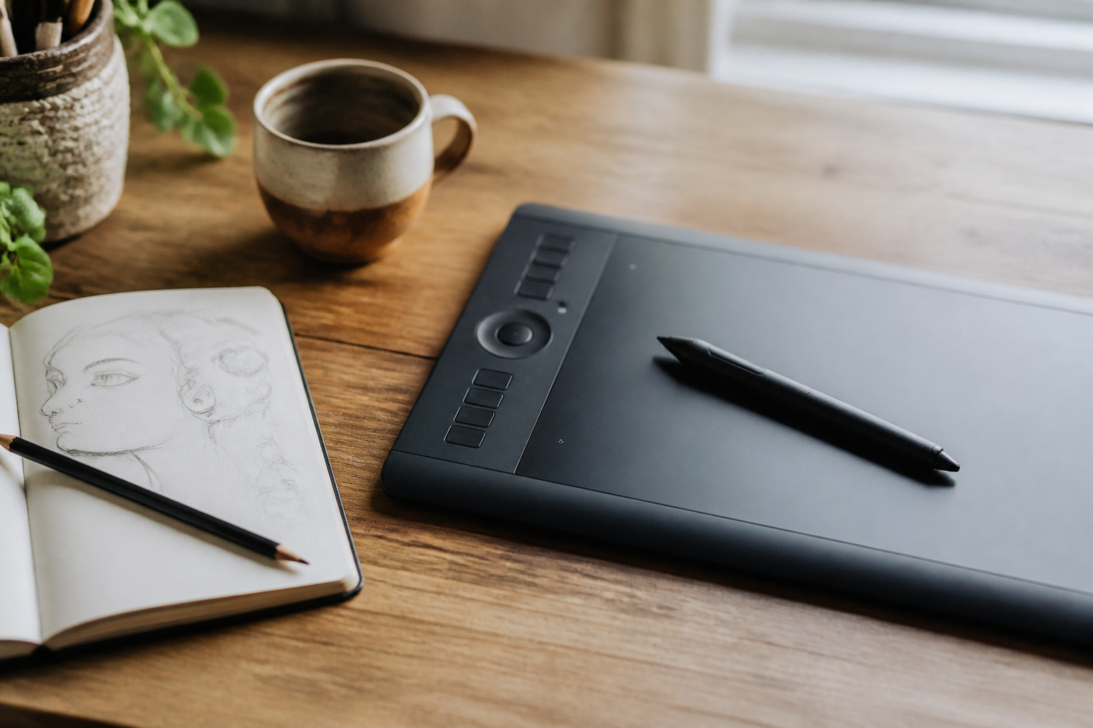 Tableta gráfica con lápiz sobre un escritorio de madera, junto a una libreta abierta con bocetos a lápiz y una taza