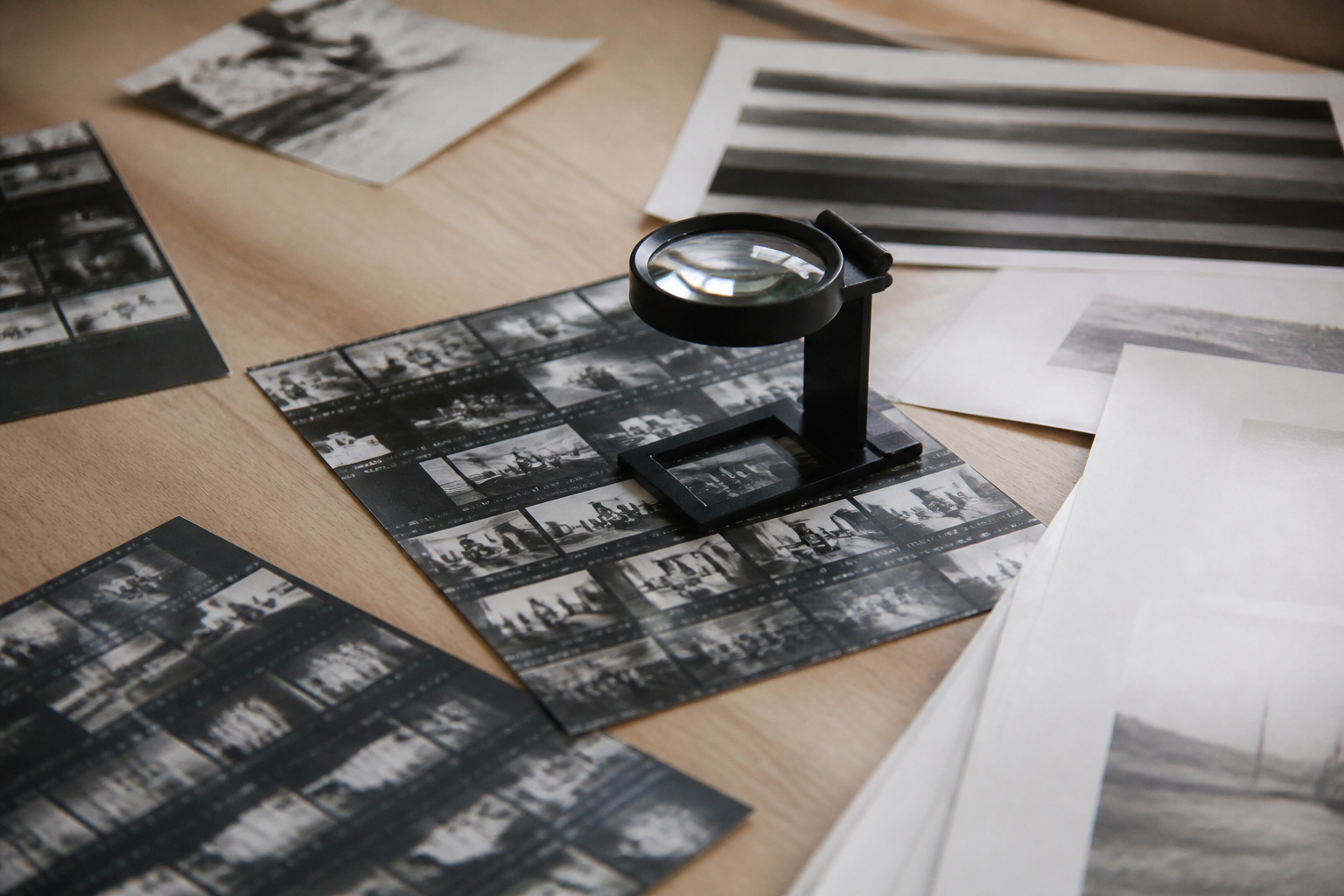 Hojas de contacto fotográficas y pruebas impresas extendidas sobre una mesa, con una lupa de mesa encima