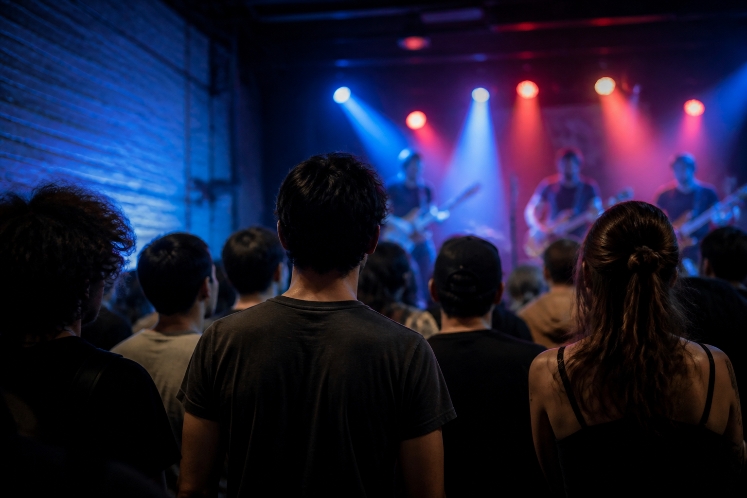 Foro pequeño de conciertos con público de pie frente a un escenario bajo iluminado en azul y rojo